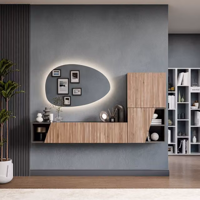 Decorotika Odense Modern Wall Mounted Entertainment Center in Black and Brown with Geometric Alina Pattern
