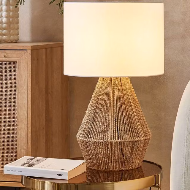 Wyld and Coco Natural Paper Rope Table Lamp with White Fabric Shade in Brown – 1
