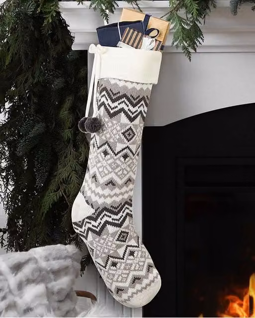 Dibor Set of 4 Grey and White Fair Isle Zig Zag Christmas Stockings