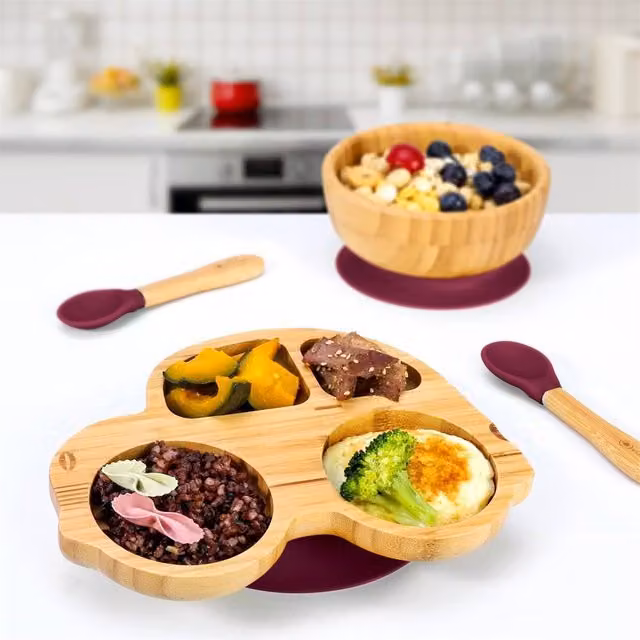 PAWNORA Red Bamboo Divided Plate, Bowl and Spoon Set