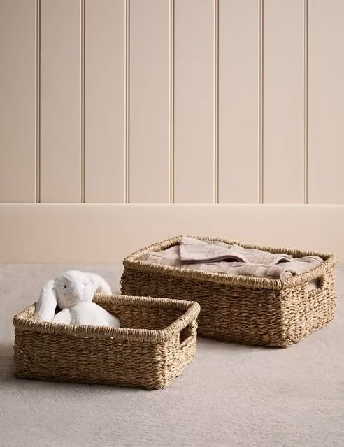 M&S Set of 2 Open Weave Seagrass Rectangular Baskets with Handles in Beige