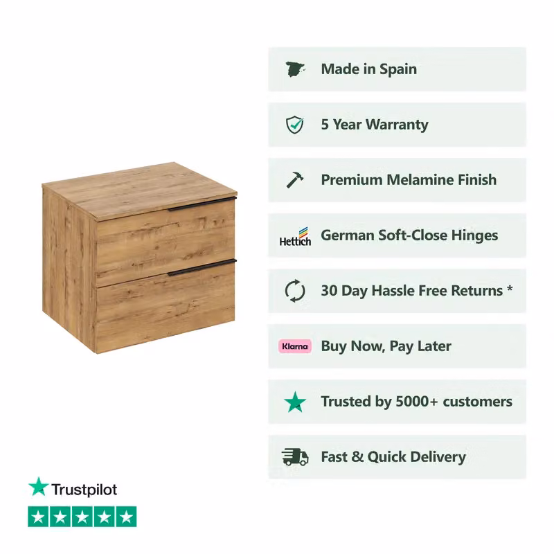 Banyetti Celtic Wall Hung Bathroom Vanity Unit with Matching Worktop in Ostippo Light Oak, W: 60 cm, D: 48 cm, H: 45 cm – 2