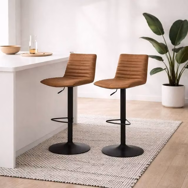 Wyld Haus Aalborg Set of 2 Adjustable Swivel Bar Stools in Camel Brown Microfibre with Black Metal Legs – 1