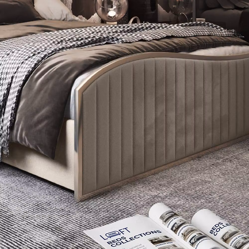 KDMD Idbury Upholstered Soft Velvet Designer Bed Frame in Cream and Beige, Size: King (180 x 200 cm) – 5