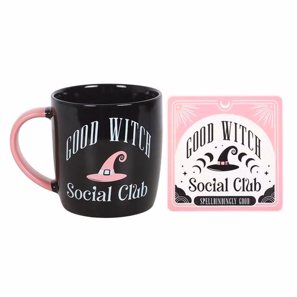 Uniqueful Good Witch Social Club Ceramic Mug and Coaster Set in Black and Pink, 300ml – 3