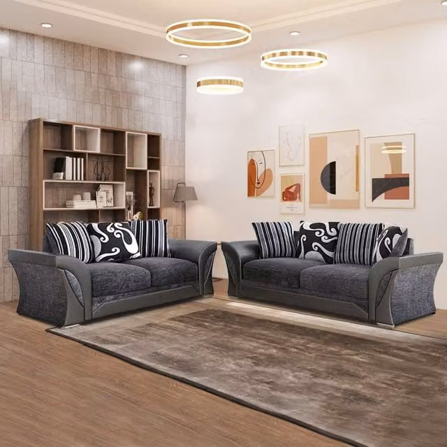 Sliding Wardrobes 4U Fabric 3+2 and Corner Sofa Set in Black and Grey