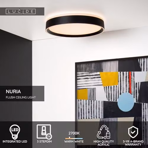 Lucide Nuria Dimmable LED Flush Ceiling Light, Black, Diameter: 40 cm – 2