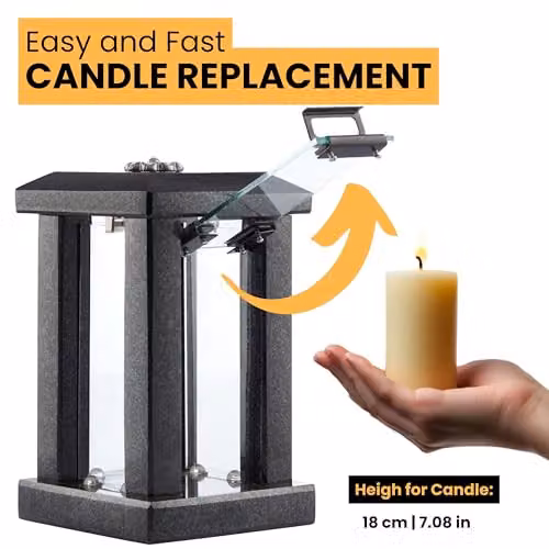 NOVECRAFTO Large Granite Candle Lantern with Flower Decor in Polished Black Stone, Height: 32 cm – 7