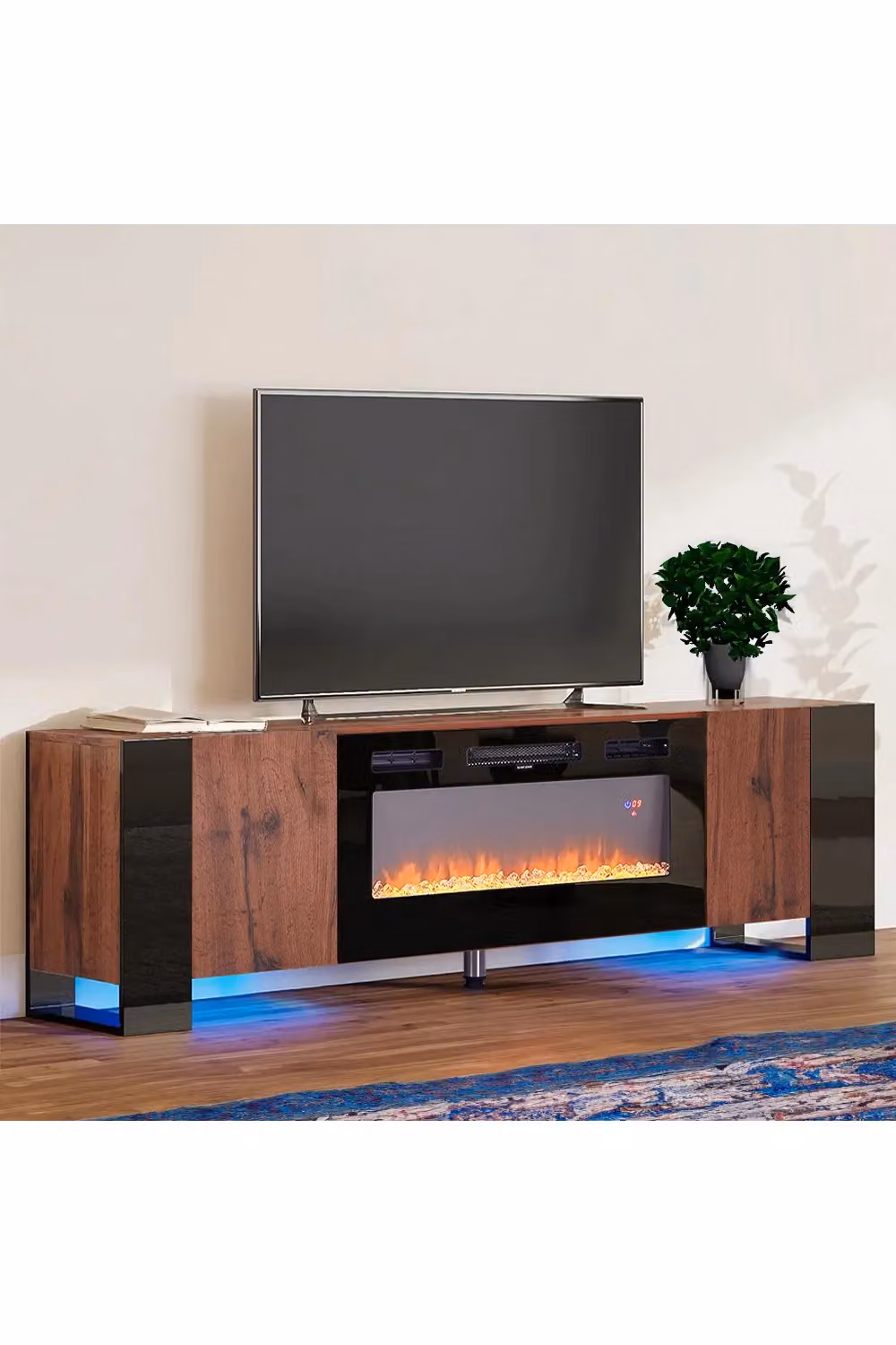 Living and Home 70 Inch Recessed Electric Fireplace TV Stand with Remote and Timer in Brown Walnut – 2