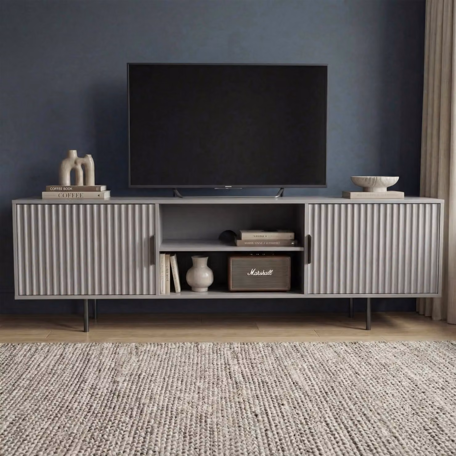 DHS Flutrina Modern Lacquered TV Unit Cabinet in Grey, W: 180 cm, D: 40 cm, H: 55 cm