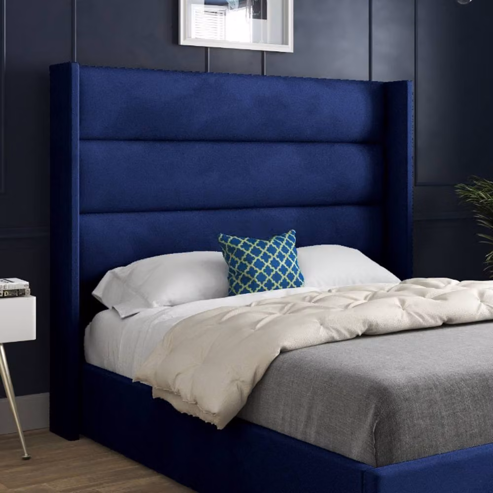 Casani Ramsey Straight Winged Upholstered Designer Bed Frame in Blue Soft Velvet, W/D/H: 137 x 120 x 200 cm – 4