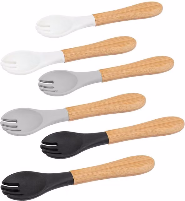 Tiny Dining 6-Piece Bamboo Baby Weaning Fork Set with Silicone Tips in Yellow and Multicolour