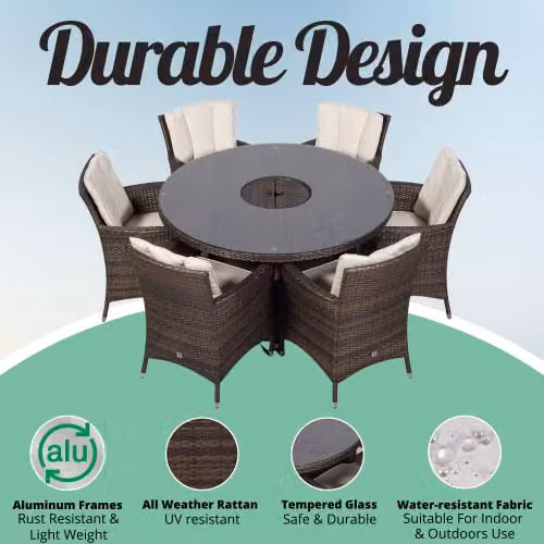 Thats Furniture Savannah 6 Seater Round Rattan Garden Dining Set with Ice Bucket Drinks Cooler in Brown and Grey – 2