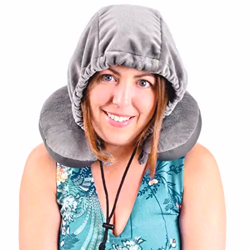 mysmartbuy Travel Pillow Hoodie in Grey, Soft Plush Neck Supporting Cushion with Drawstring Closure Hood, W/D/H: 32 x 30 x 9 cm – 2