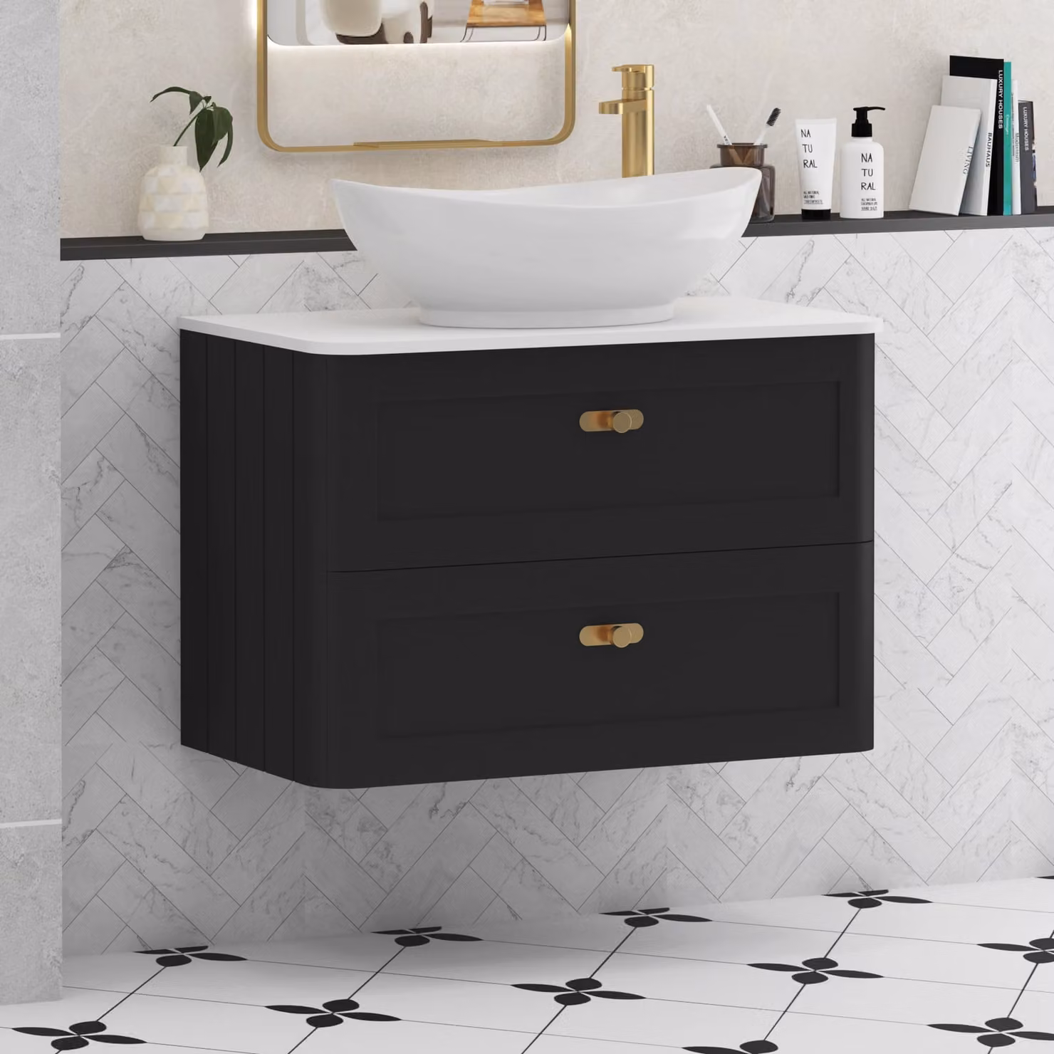 Royal Bathrooms Henley 800mm Matt Nocturne Black Wall Hung 2 Drawer Vanity Unit with Plain White Worktop, Amaze Basin and Brushed Brass Knob