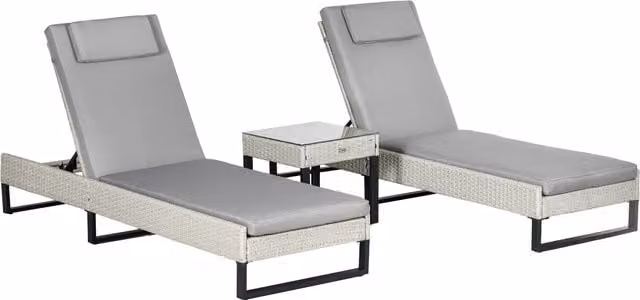 Outsunny 3-piece PE Rattan Sun Lounger Set in Light Grey with Adjustable 5-Position Recliners, Cushions, Headrests and Glass Top Square Coffee Table – 1