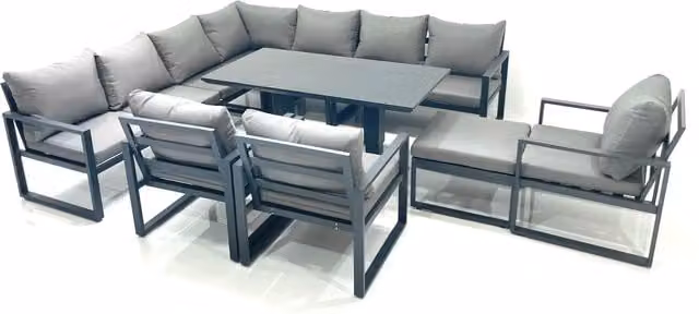 Fimous 11 Seater Outdoor Aluminium Garden Furniture Set in Dark Grey with Corner Sofa, Big Footstool, 3 Chairs and Adjustable Lifting Dining Table