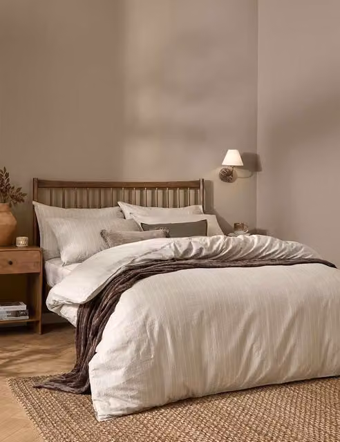 YARD Pure Cotton Percale Linear Stripe Bedding Set in Beige, W: 180 cm x D: 200 cm