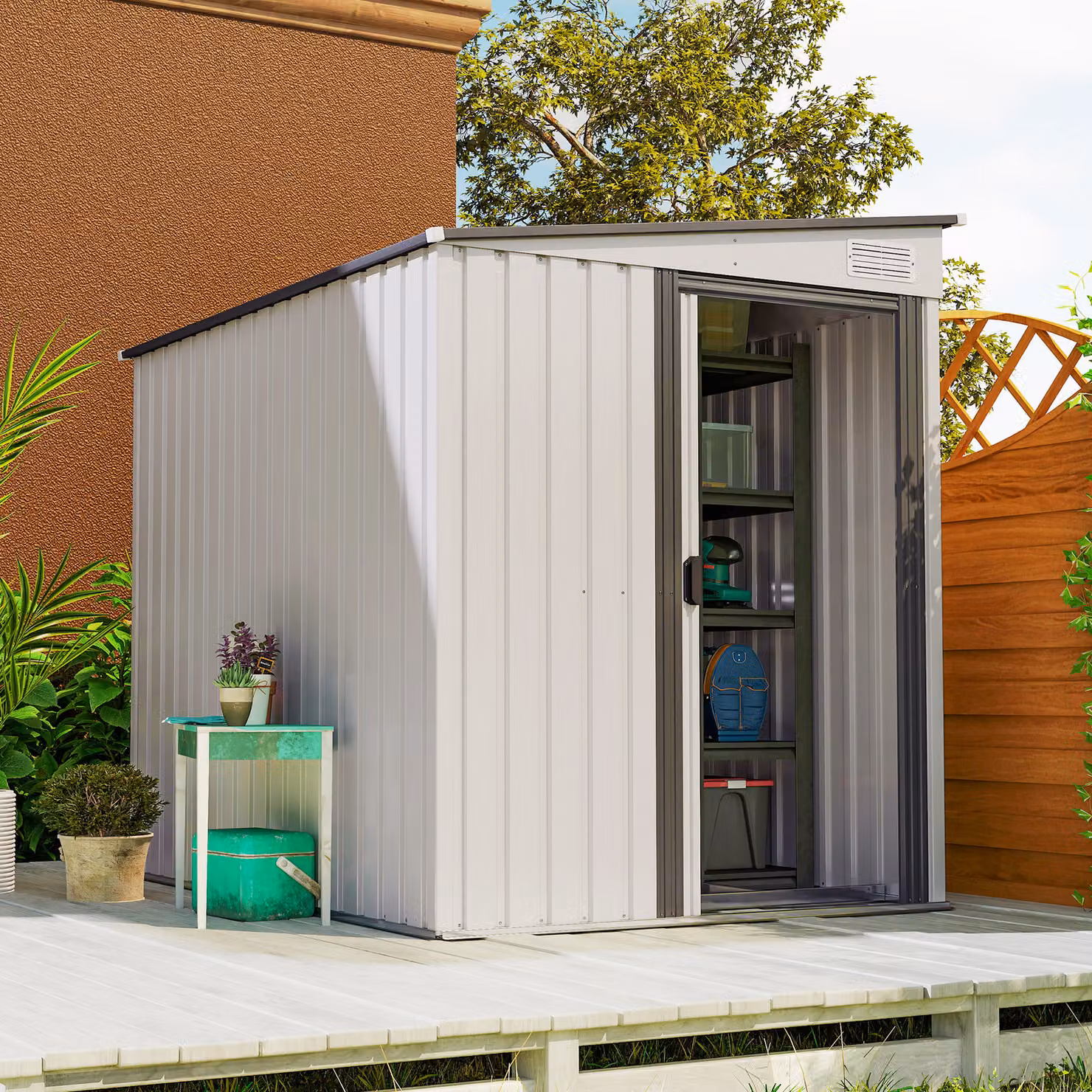 Outsunny White Galvanised Metal Lean-to Garden Shed with Sliding Doors and Foundation, W/D/H: 152.4 x 152.4 x 179.83 cm – 2