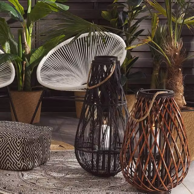 Wyld and Coco Willow Lantern in Brown with Rope Handle, Height: 60 cm