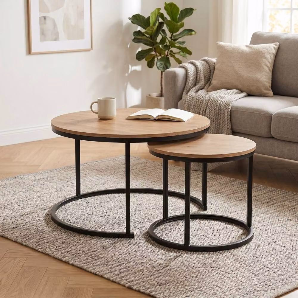 CALICOSY Lenny Set of 2 Round Nesting Coffee Tables in Light Oak – 2
