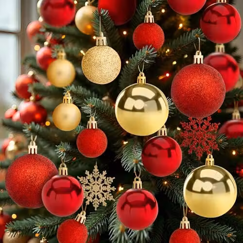 Pelle & Sol 108 Piece Christmas Bauble Set in Gold and Red with Stars, Snowflakes and Icicles Hanging Ornaments – 7