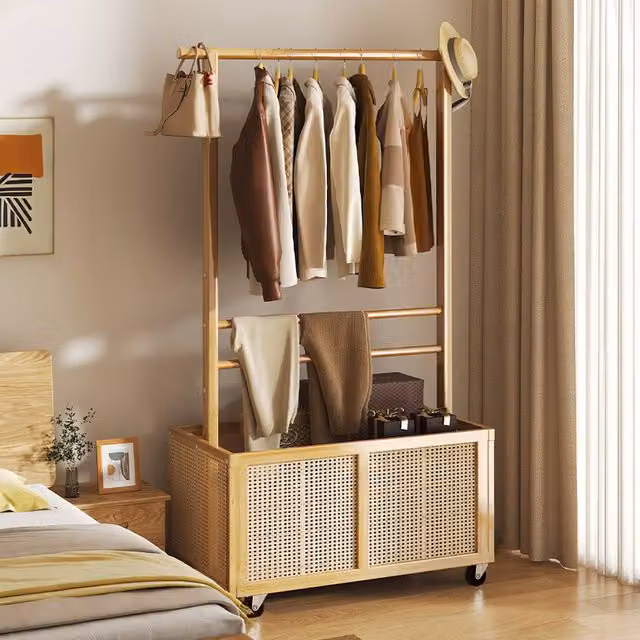 Living and Home Bamboo Clothing Garment Rack and Storage Shelf in Natural Beige – 1