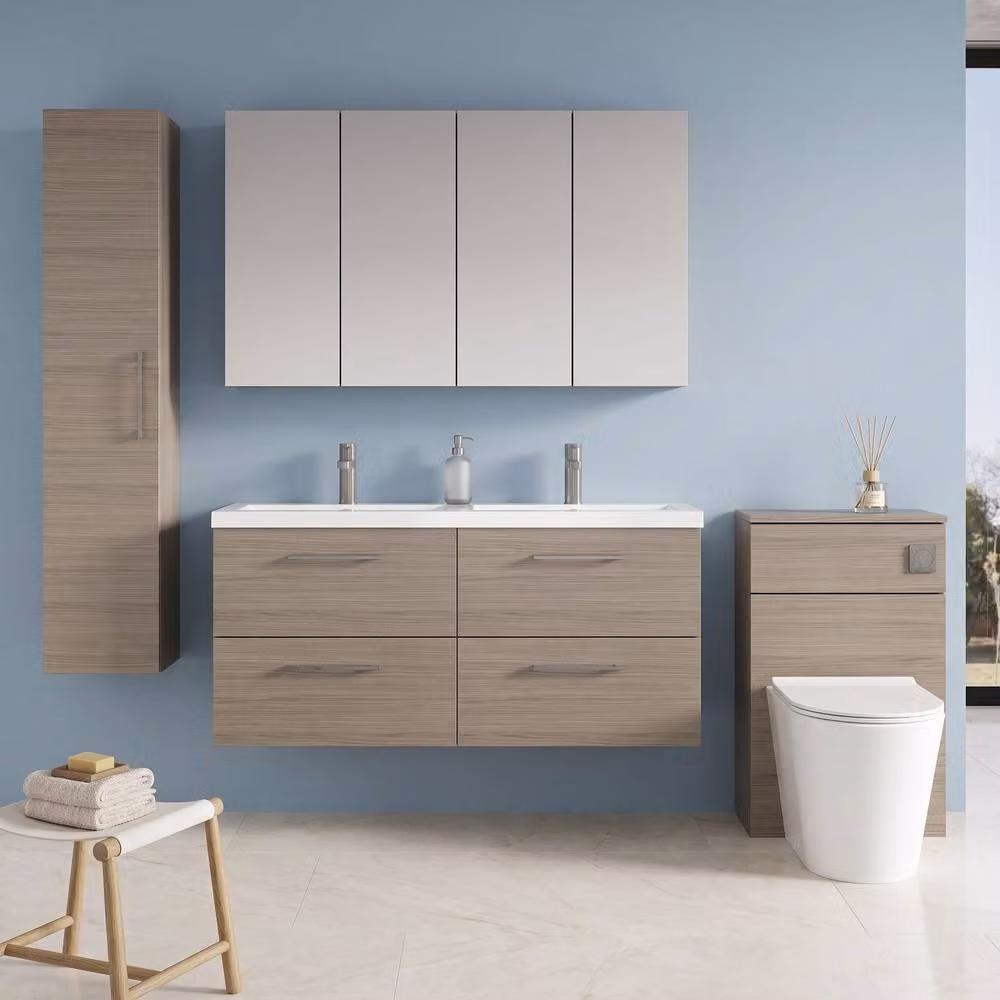 Balterley Solace Oak Wall Hung 4 Drawer Double Basin Vanity Unit with LED Lighting, Brown – 2