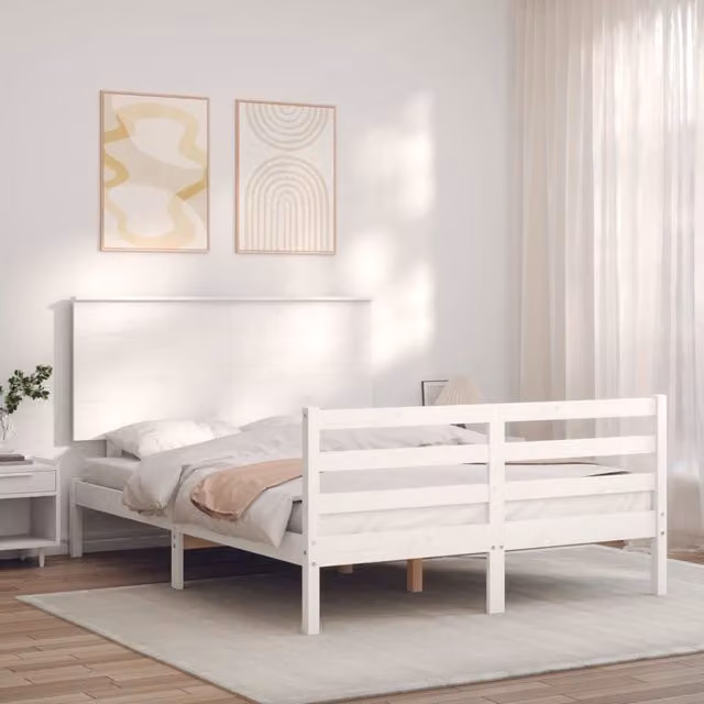 Berkfield Home Small Double Solid Wood Bed Frame with Headboard in White – 1