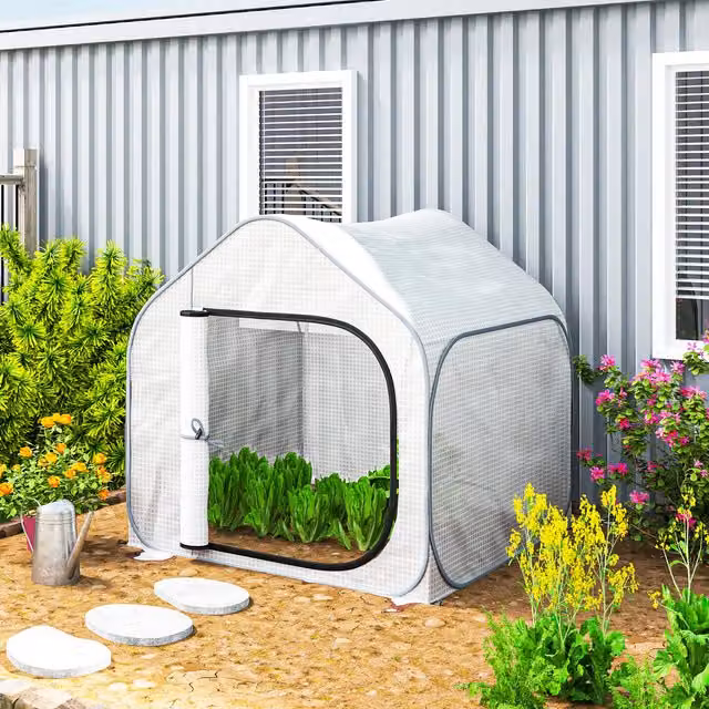 Outsunny Mini Pop Up Greenhouse with Zipper Door, White, W/D/H: 150 x 148 x 148 cm