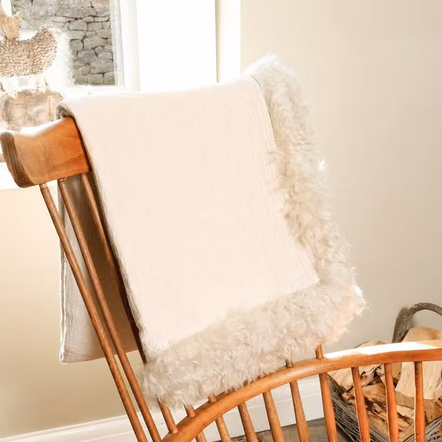 Native Natural Woven Linen Blanket with Sheepskin Trim in Beige