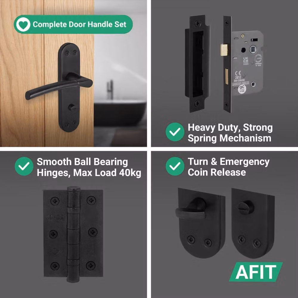 AFIT Matt Black Bathroom Door Handle Set with Backplate, Lock and Hinges, Size: 150 x 150 mm – 4