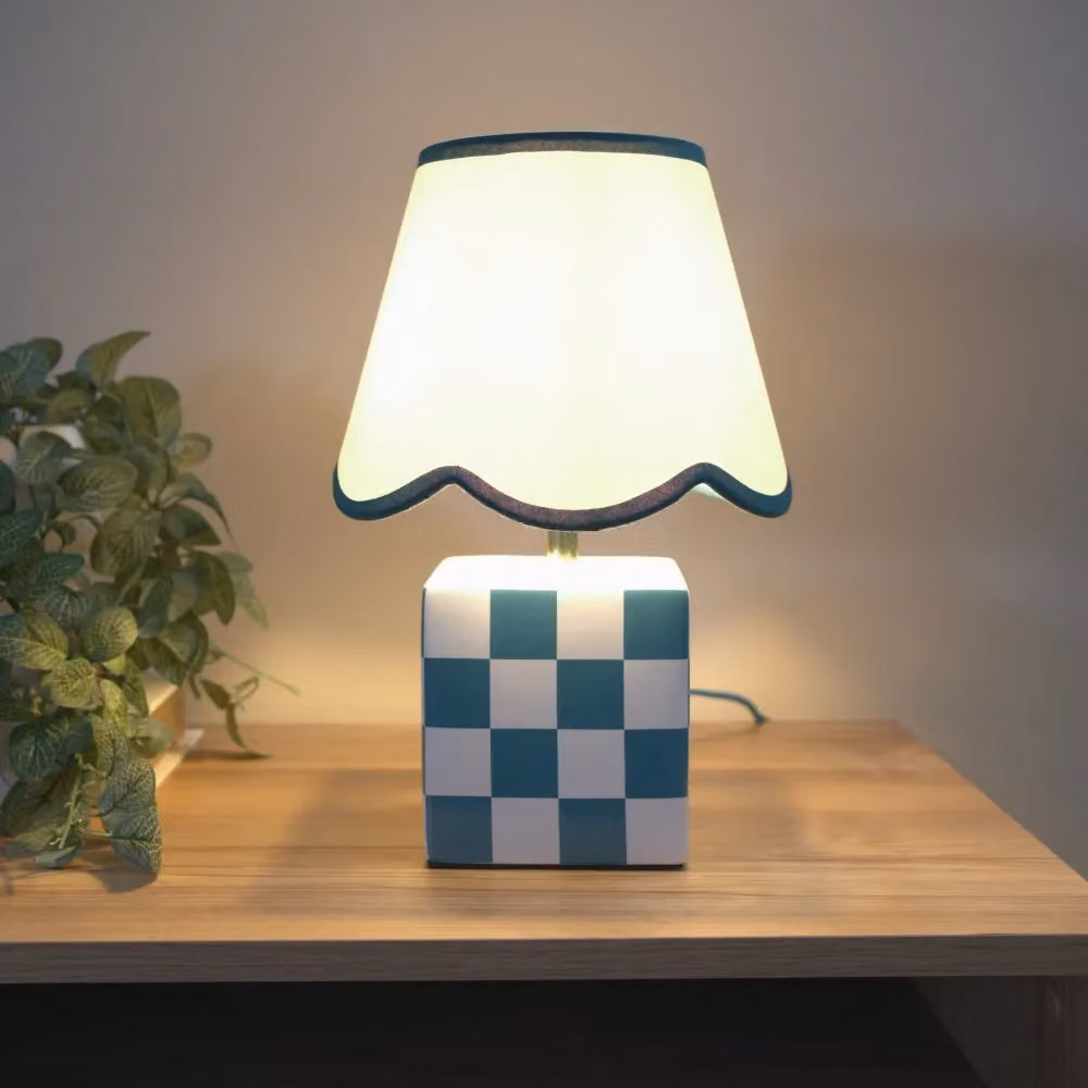 ValueLights Pair of Forest Green Ceramic Cube Table Lamps with Fabric Scallop Shades and LED Bulbs – 2