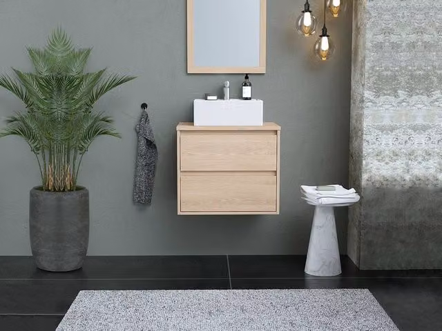 MILIPAM Scandinavian Suspended Bathroom Furniture Set with Countertop Basin and Mirror in Light Oak, W: 60 cm, D: 45 cm, H: 50 cm – 1