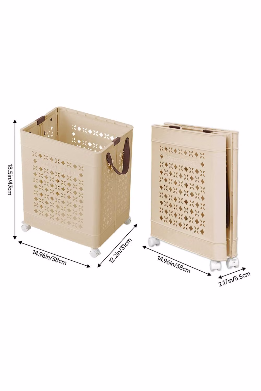 Living and Home Collapsible Laundry Basket with Wheels and Handles in Beige – 2