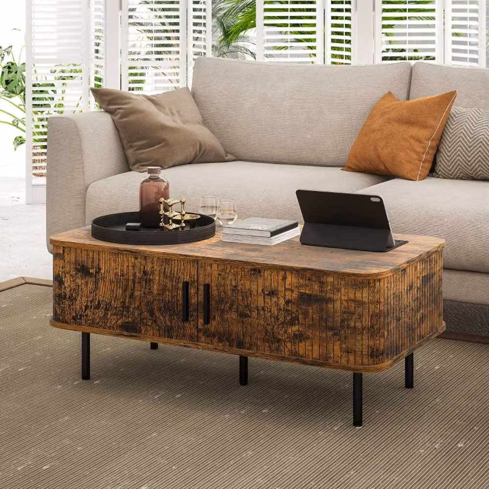 STILVORA Mid-Century Brown Wood Coffee Table with Sliding Tambour Doors, Width: 100 cm – 2
