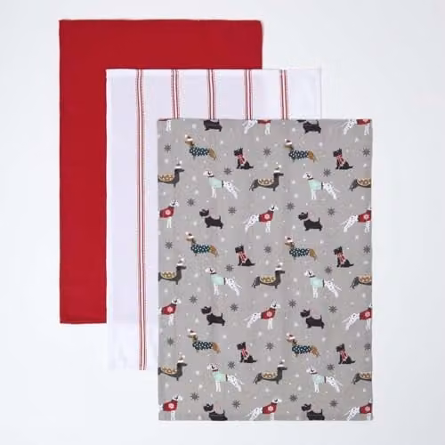 Homescapes Set of 3 Cotton Christmas Tea Towels in Red, White and Grey – 1