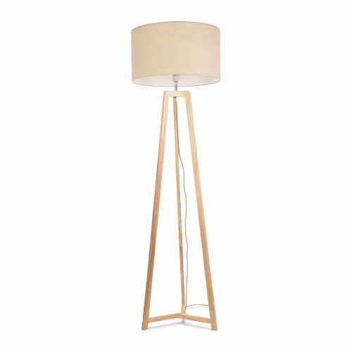 ValueLights Beige Wood Tripod Floor Lamp with White Fabric Cylinder Shade, H 148 cm x W 45 cm x D 45 cm