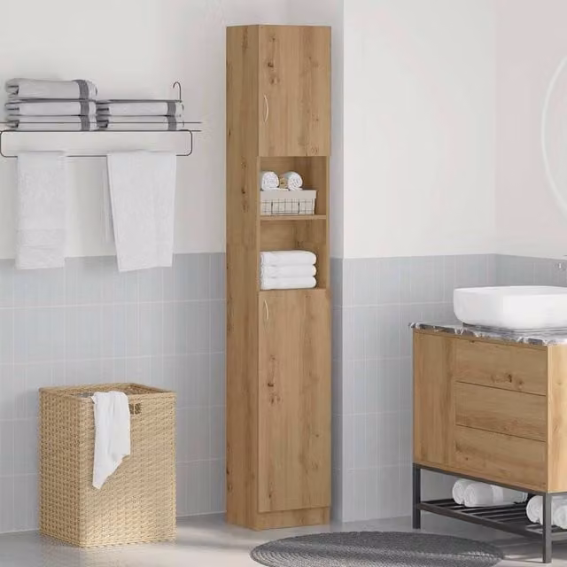 Berkfield Home Artisan Oak Bathroom Cabinet, Brown, W/D/H: 32 x 25.5 x 190 cm – 1