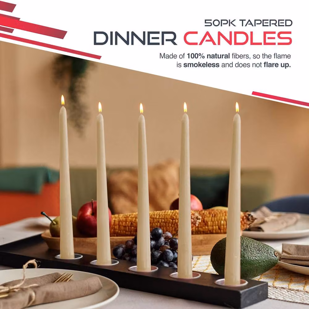 Haltons Unscented Long Tapered Dinner Candles, 50 Pack, in Beige, White, Green, or Red – 2