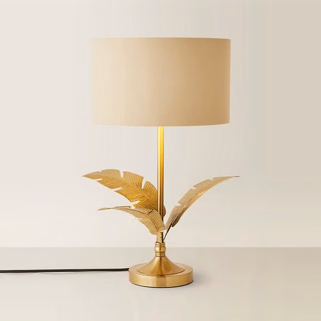 ValueLights Christina Palm Leaf Table Lamp with Beige Fabric and Gold Metallic Shade