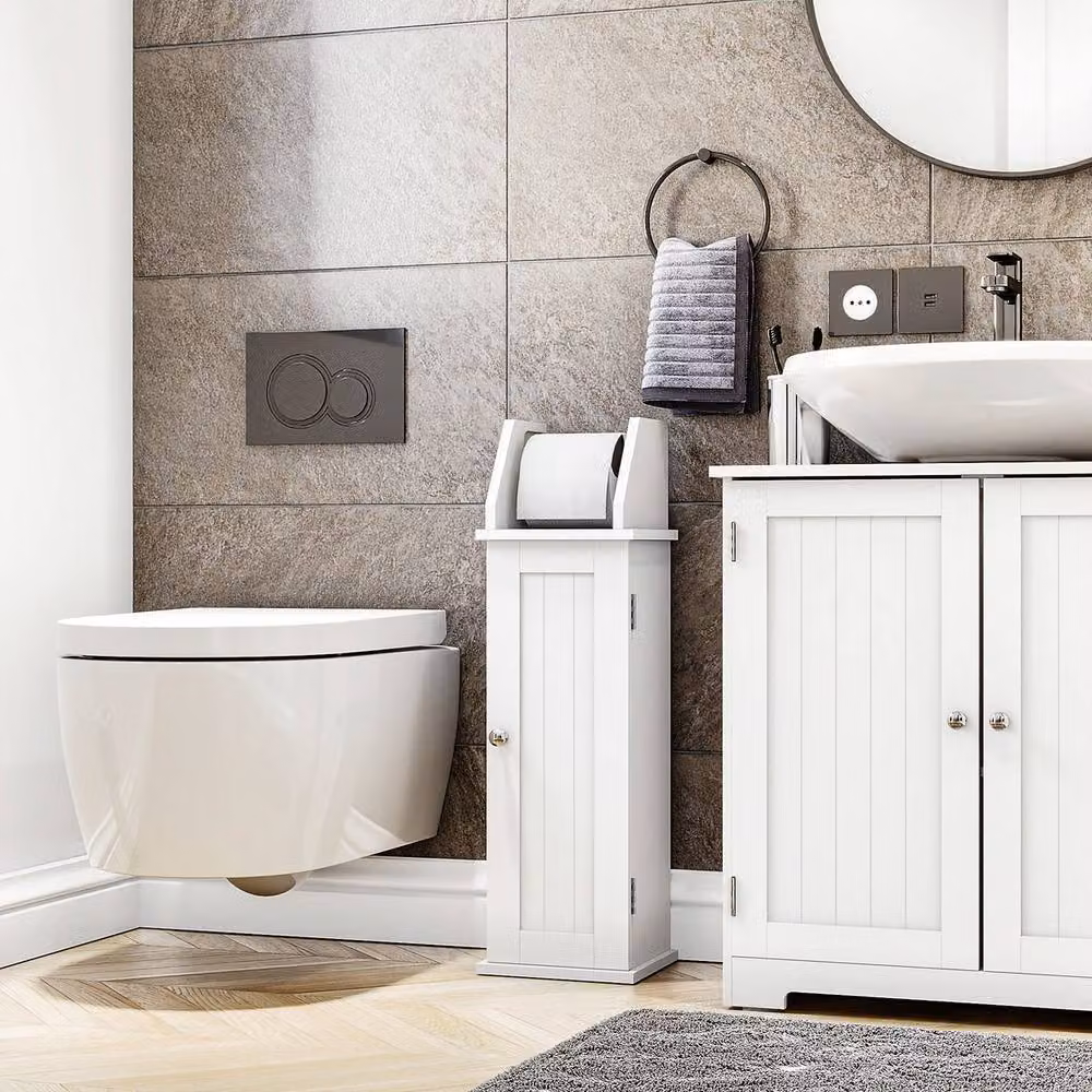 Home Discount Hayle Freestanding Bathroom Furniture Set with Toilet Roll Holder and Cupboard in White – 3