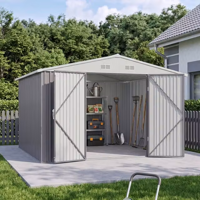 Breeins Metal Garden Storage Shed with Lockable Door, Grey and White