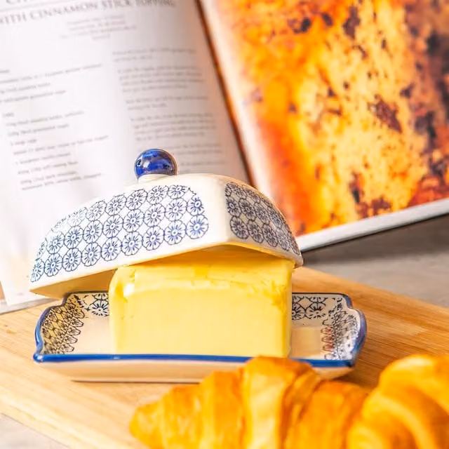 Nicola Spring Hand-Printed Floral Ceramic Butter Dish, Blue, W: 18.5 cm, D: 12 cm, H: 12 cm