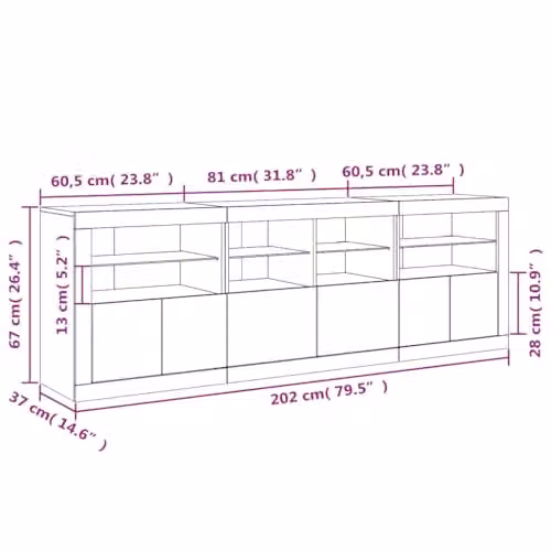 vidaXL Modern Sideboard with Integrated LED Lights in Concrete Grey, W: 202 cm, D: 37 cm, H: 67 cm – 2