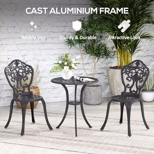 Outsunny 3 Piece Cast Aluminium Garden Bistro Set with Parasol Hole in Black – 3