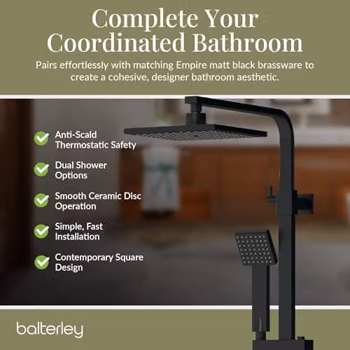 Balterley Thermostatic Rainfall Shower Mixer Kit with Square Overhead Shower, Handset and Adjustable Riser Rail, Matt Black, H x W x D: 120 x 20 x 46.5 cm – 3