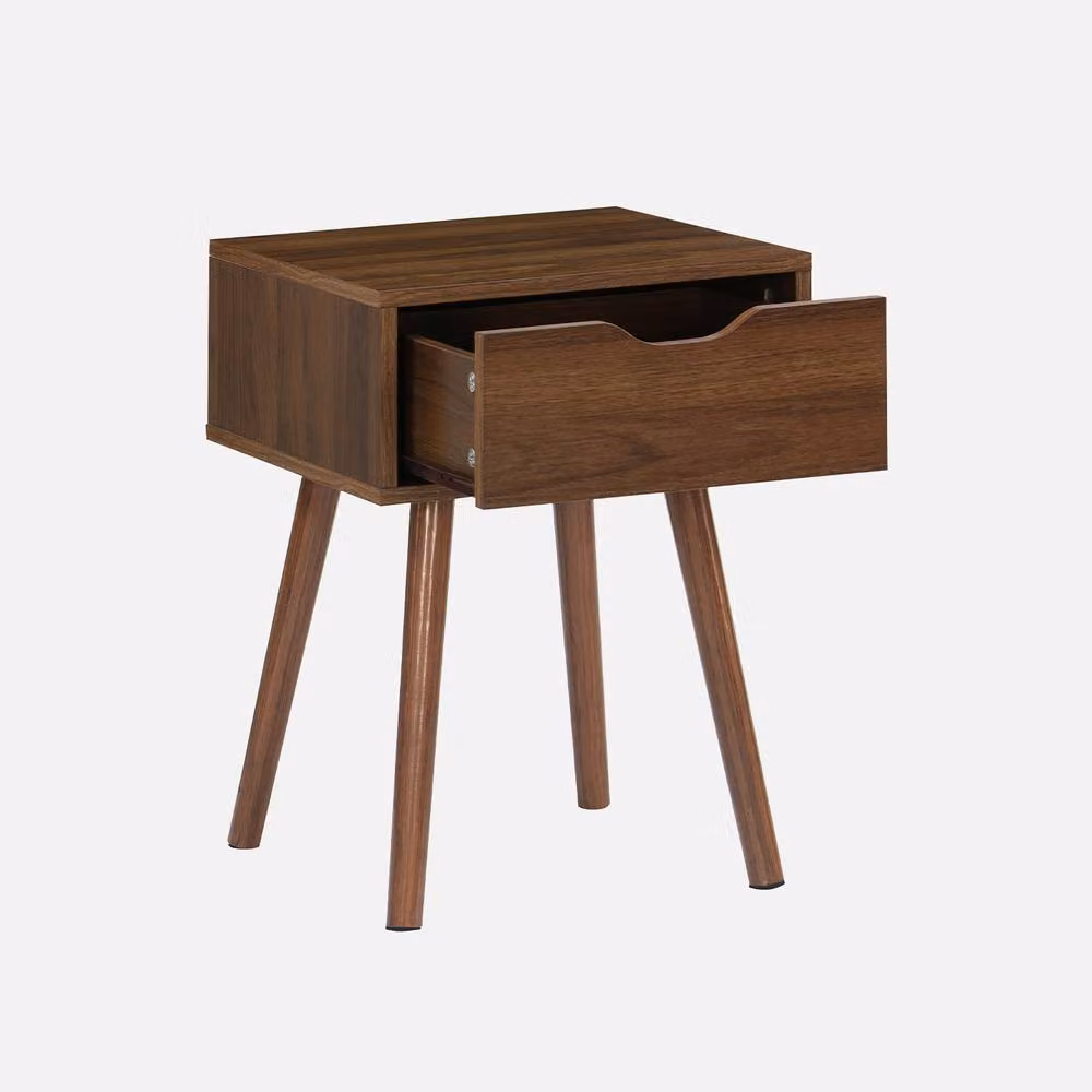 sweeek Walnut-stained Pine Wood Bedside Table with 1 Drawer in Dark Brown, W/D/H: 39 x 39 x 55 cm – 2