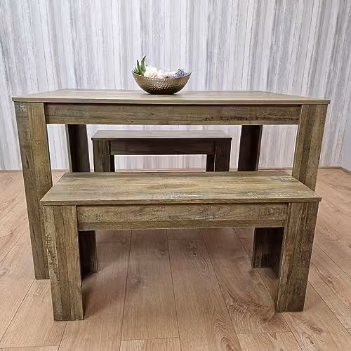 Kosy Koala Rustic Brown Wood Effect Dining Table and 2 Benches Set