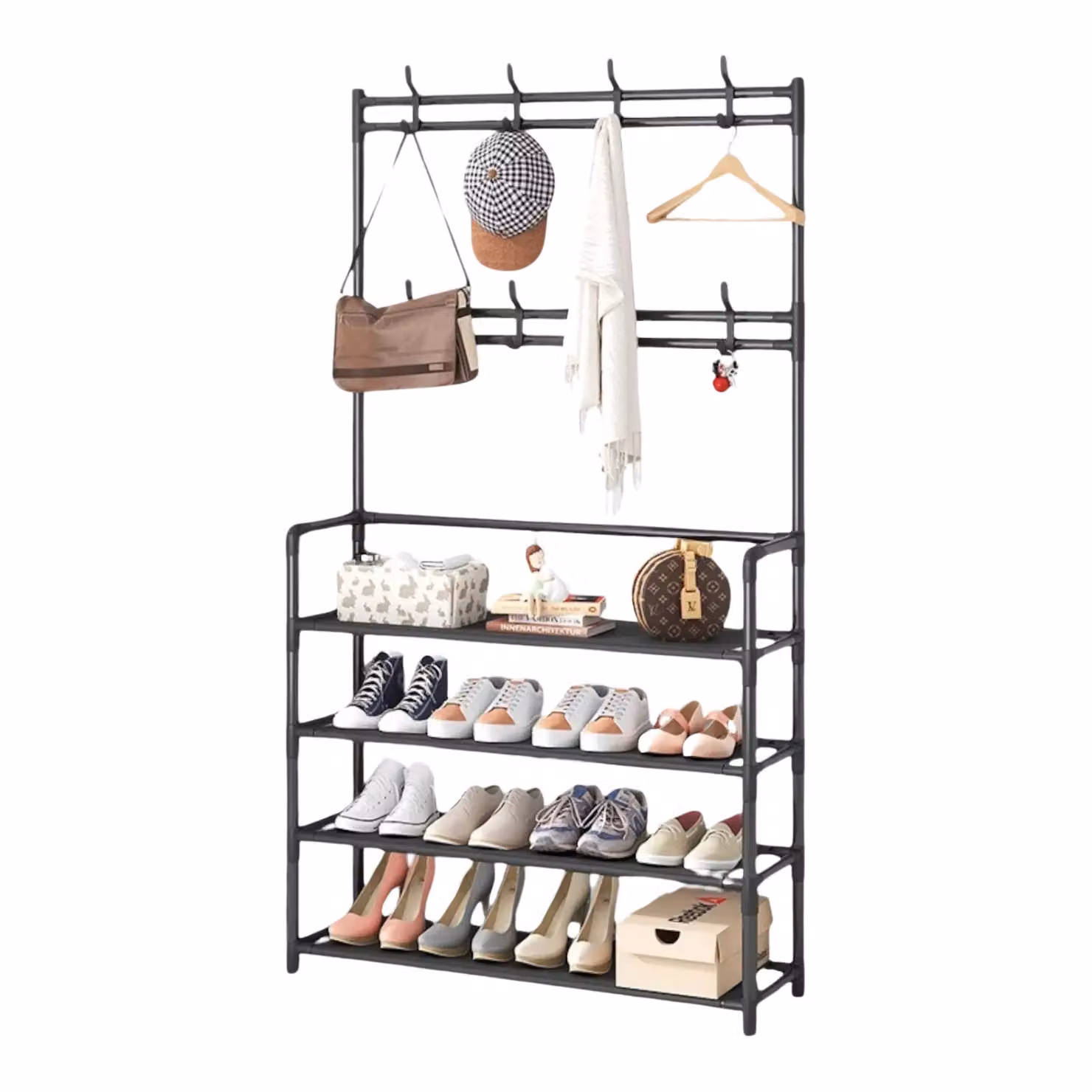 Rafaelo Mobilia Industrial Metal Hall Tree Shoe Rack with Clothes Rail in Matt Black – 2